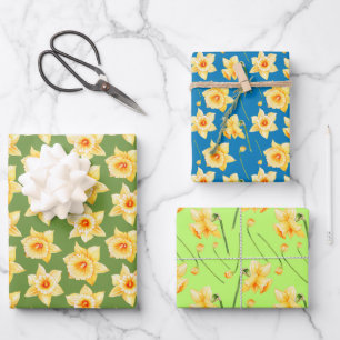 Spring Yellow Daffodil Floral Green Blue Wrapping Paper Sheets