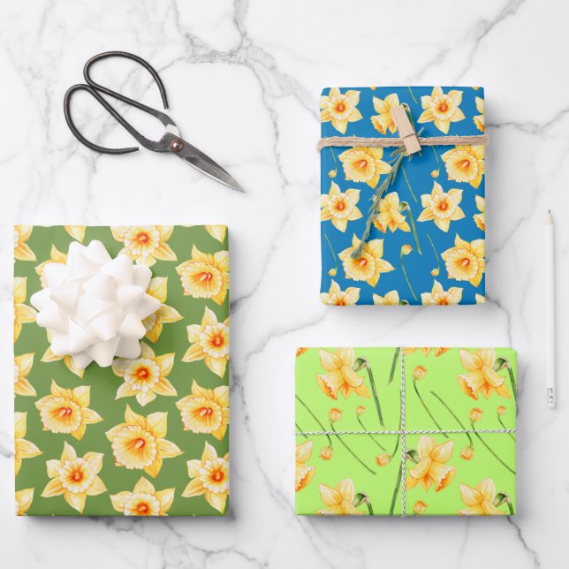 Spring Yellow Daffodil Floral Green Blue Wrapping Paper Sheets (Front)