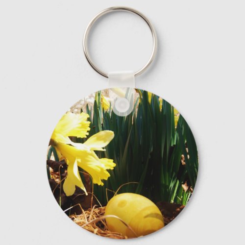 Spring Yellow Daffodils and a Yellow Easter egg Keychain