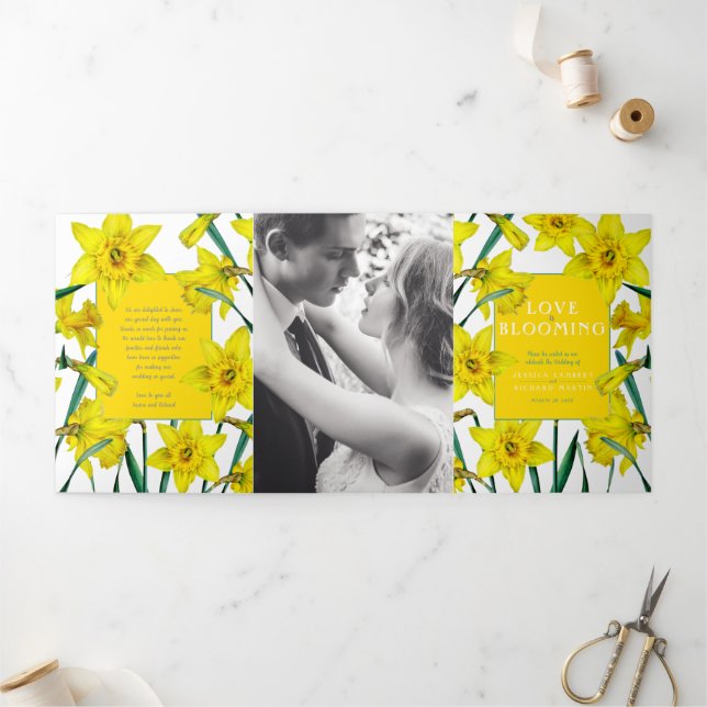 Spring yellow daffodils white green wedding  Tri-Fold program (Outside)