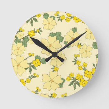 Spring Yellow Flower Pattern Round Clock by MissMatching at Zazzle