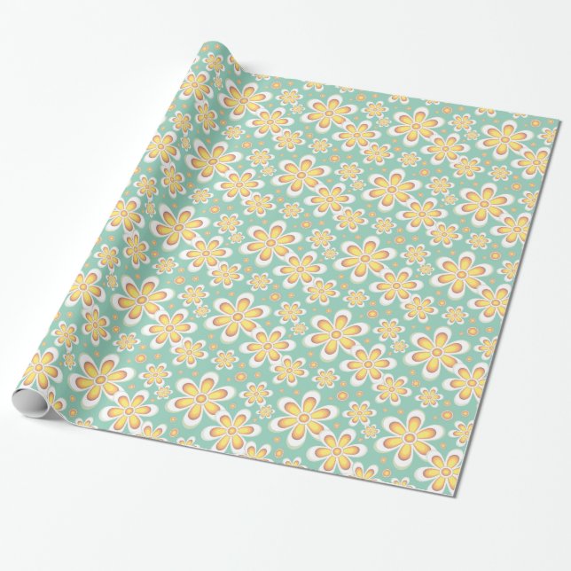 Spring Yellow Flowers on Green Wrapping Paper (Unrolled)