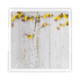 Spring yellow flowers, white plank decor. acrylic tray