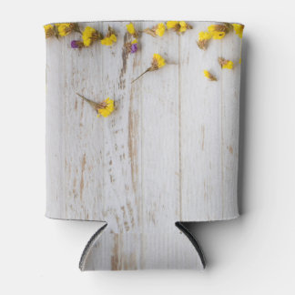 Spring yellow flowers, white plank decor. can cooler