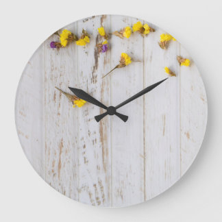 Spring yellow flowers, white plank decor. large clock