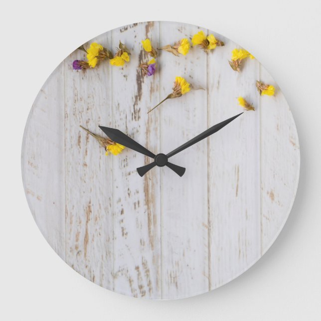 Spring yellow flowers, white plank decor. large clock (Front)