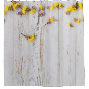 Spring yellow flowers, white plank decor. shower curtain