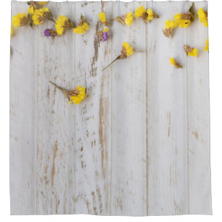 Spring yellow flowers, white plank decor. shower curtain