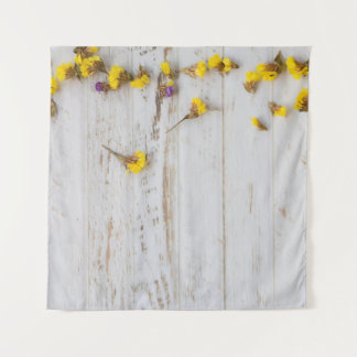 Spring yellow flowers, white plank decor. tapestry