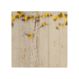 Spring yellow flowers, white plank decor. wood wall art