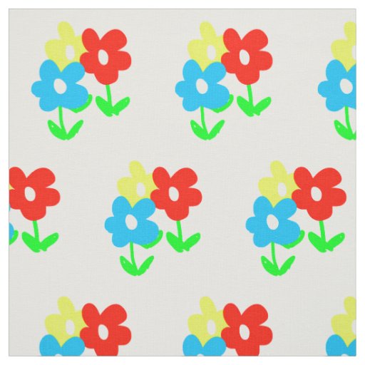 Spring yellow red blue flowers on white fabric
