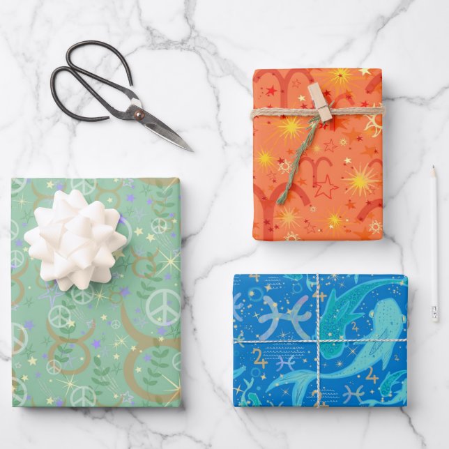 Spring Zodiac trio Pisces Aries Taurus Wrapping Paper Sheets (Front)