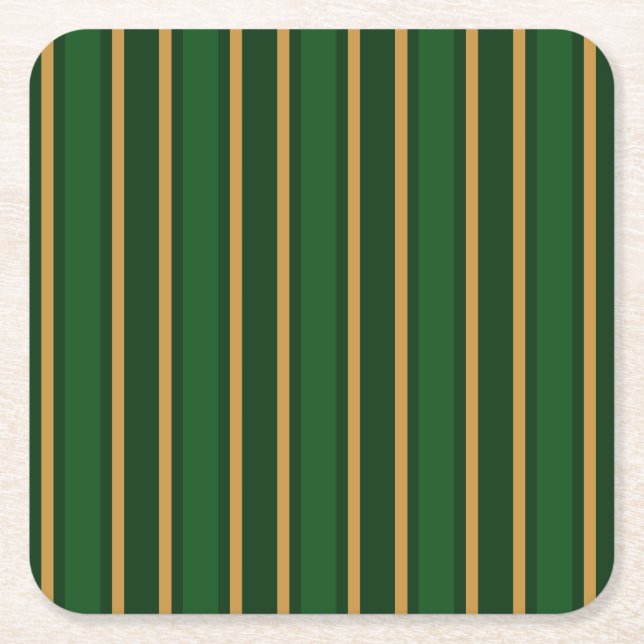 Springbok green and gold candy stripes square paper coaster (Front)