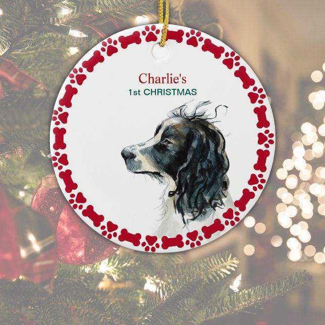 Springer Spaniel 1st Christmas Personalized Ceramic Ornament (Edit to add dog's name on front and year on reverse.  1st Christmas can be changed/ deleted)