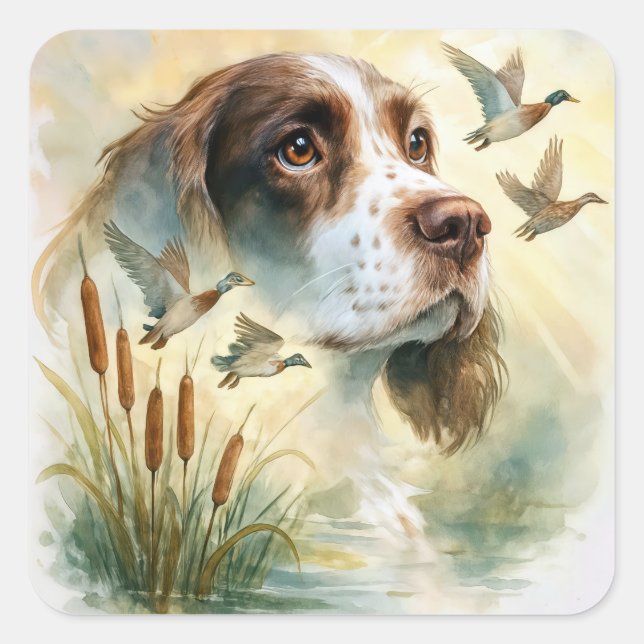 Springer Spaniel and Mallard Duck Double Exposure Square Sticker (Front)