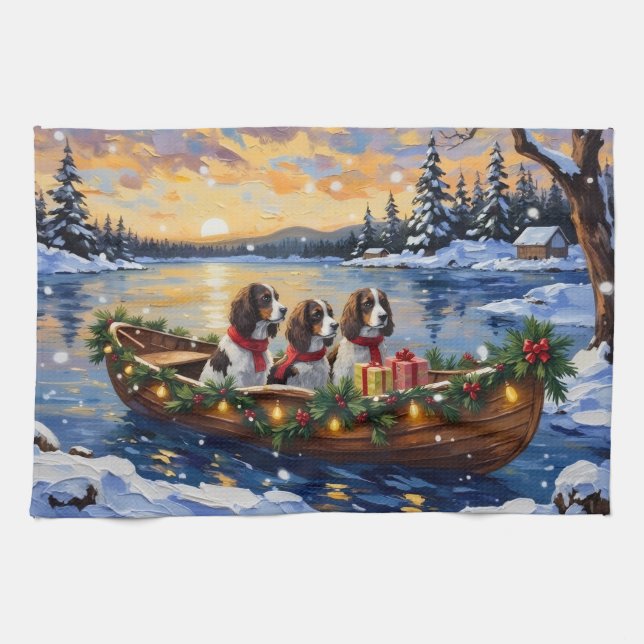 Springer Spaniel Christmas Boat Holiday Kitchen Towel (Horizontal)