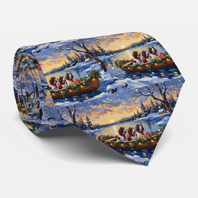Springer Spaniel Christmas Boat Holiday Neck Tie (Rolled)