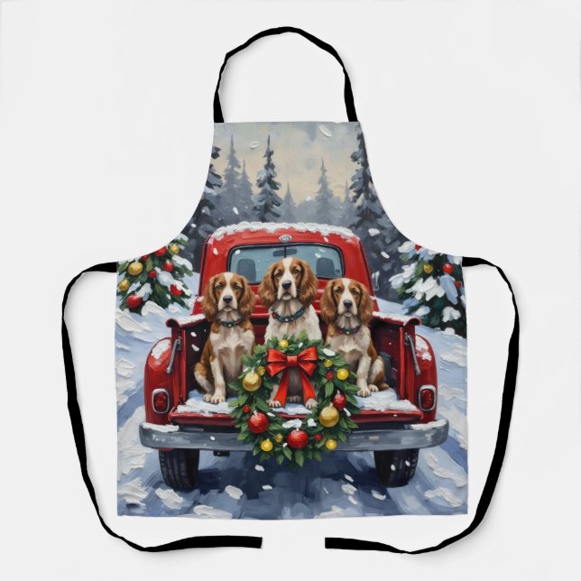 Springer Spaniel Christmas Red Truck Holiday Apron (Front)