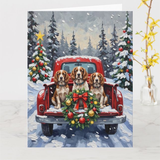 Springer Spaniel Christmas Red Truck Holiday Card (Yellow Flower)