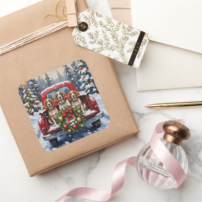 Springer Spaniel Christmas Red Truck Holiday Square Sticker (Gifting)