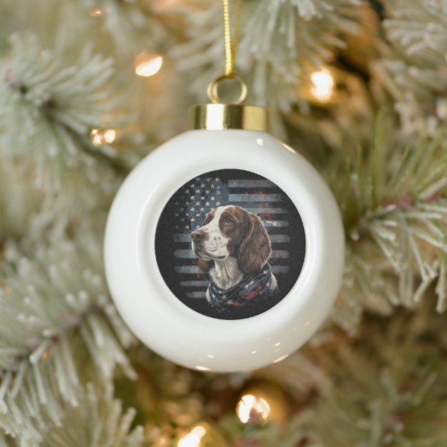 Springer Spaniel Dog American Flag Ceramic Ball Christmas Ornament (Tree)