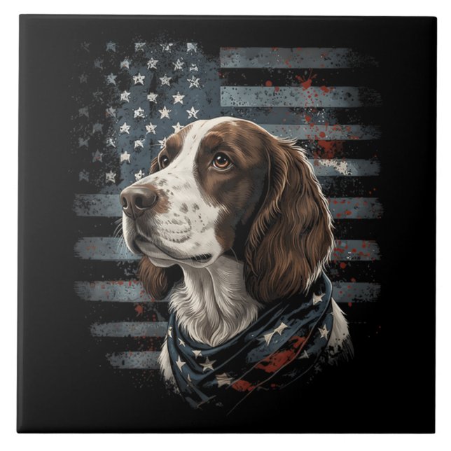Springer Spaniel Dog American Flag Ceramic Tile (Front)