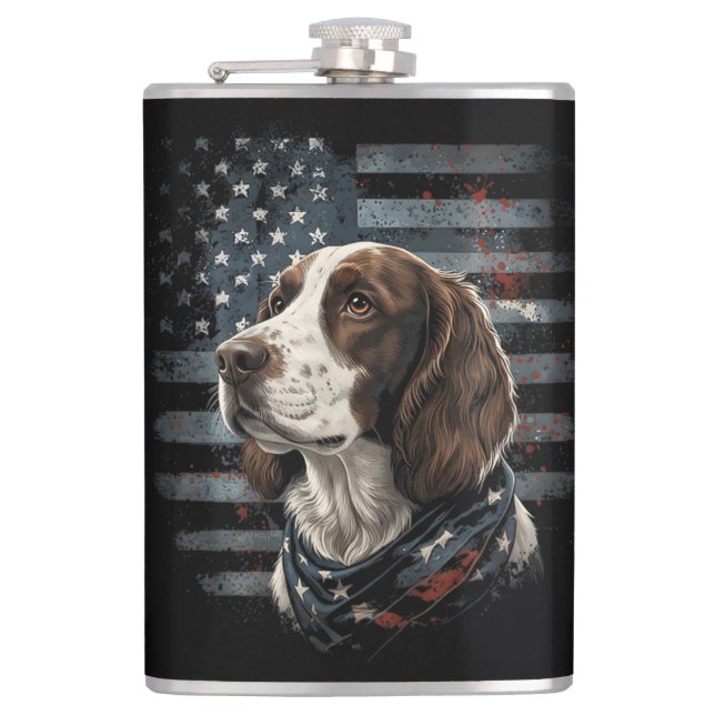 Springer Spaniel Dog American Flag Flask (Front)