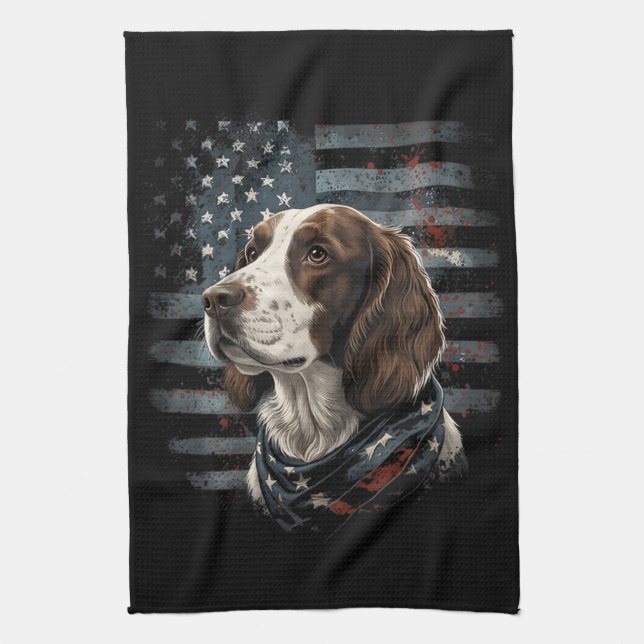 Springer Spaniel Dog American Flag Kitchen Towel (Vertical)
