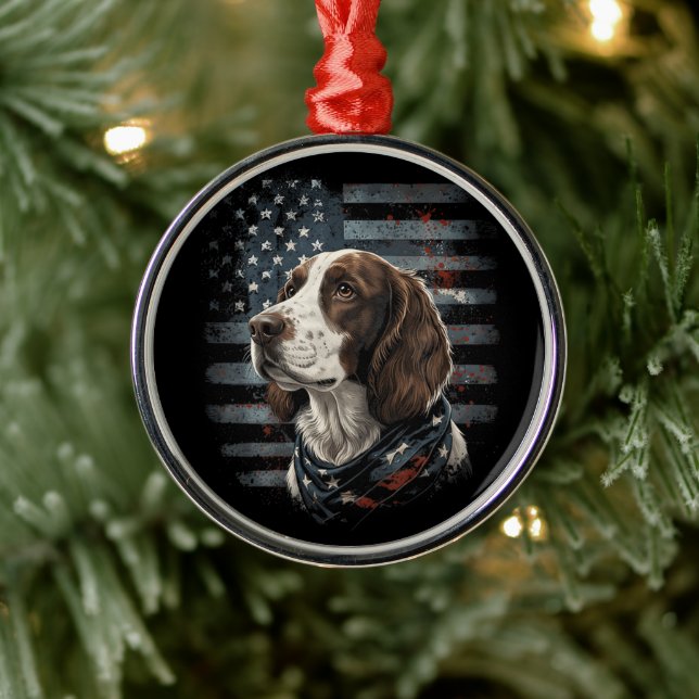 Springer Spaniel Dog American Flag Metal Ornament (Tree)