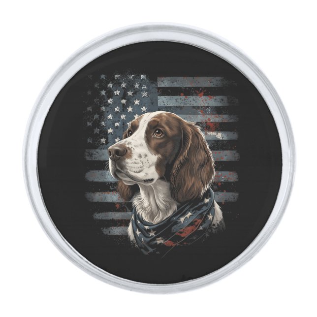 Springer Spaniel Dog American Flag Silver Finish Lapel Pin (Front)