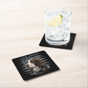 Springer Spaniel Dog American Flag Square Paper Coaster