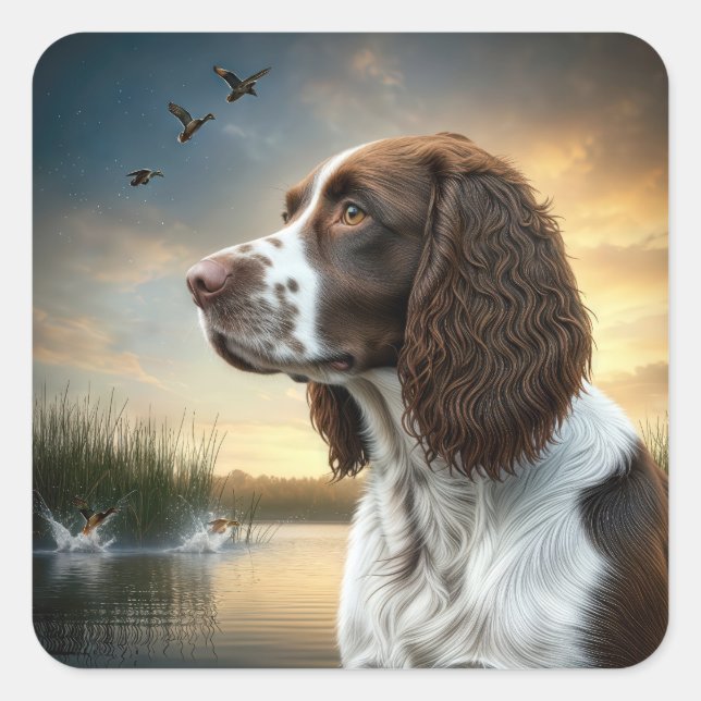 Springer Spaniel Dog By a Duck Pond Square Sticker (Front)