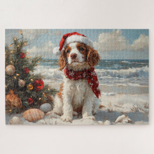 Springer Spaniel Dog Christmas Vintage Beach Jigsaw Puzzle