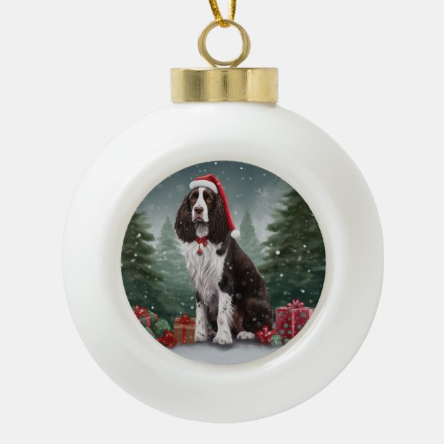 Springer Spaniel Dog in Snow Christmas Ceramic Ball Christmas Ornament (Front)