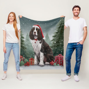 Springer Spaniel Dog in Snow Christmas Fleece Blanket