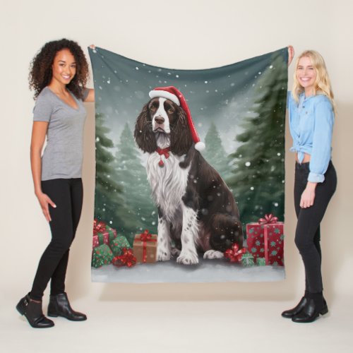 Springer Spaniel Dog in Snow Christmas Fleece Blanket