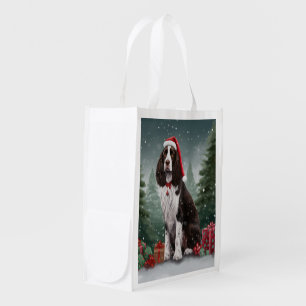 Springer Spaniel Dog in Snow Christmas Grocery Bag