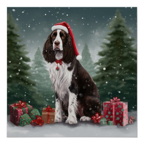 Springer Spaniel Dog in Snow Christmas Poster
