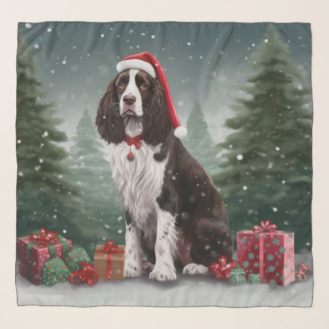 Springer Spaniel Dog in Snow Christmas Scarf (Front)
