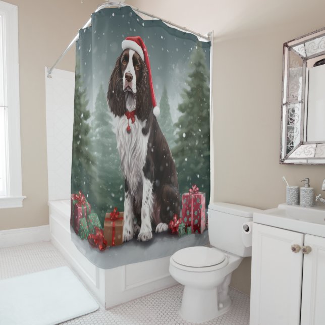 Springer Spaniel Dog in Snow Christmas Shower Curtain (In Situ)