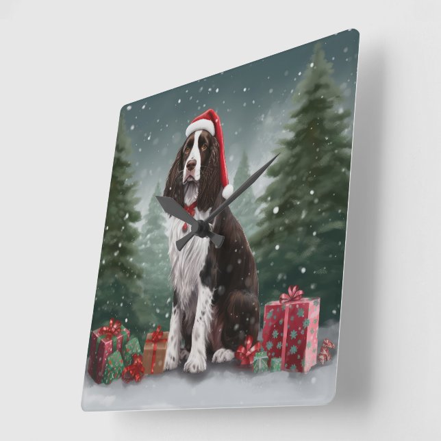 Springer Spaniel Dog in Snow Christmas Square Wall Clock (Angle)
