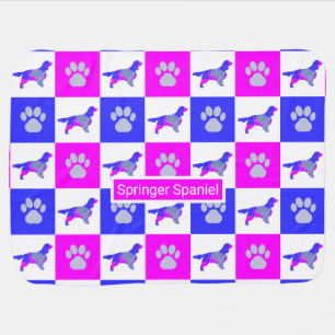 Springer Spaniel Dog & Paw Print Hot Pink and Blue Baby Blanket