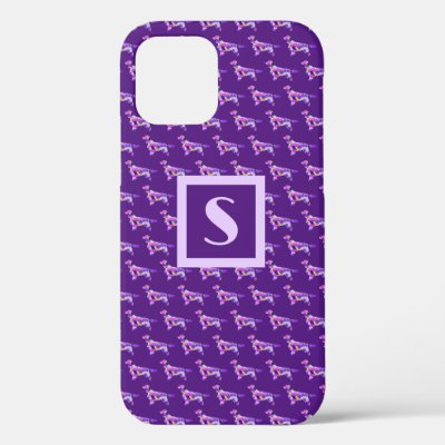 Springer Spaniel Dog Purple Silhouette Monogram iPhone 12 Case