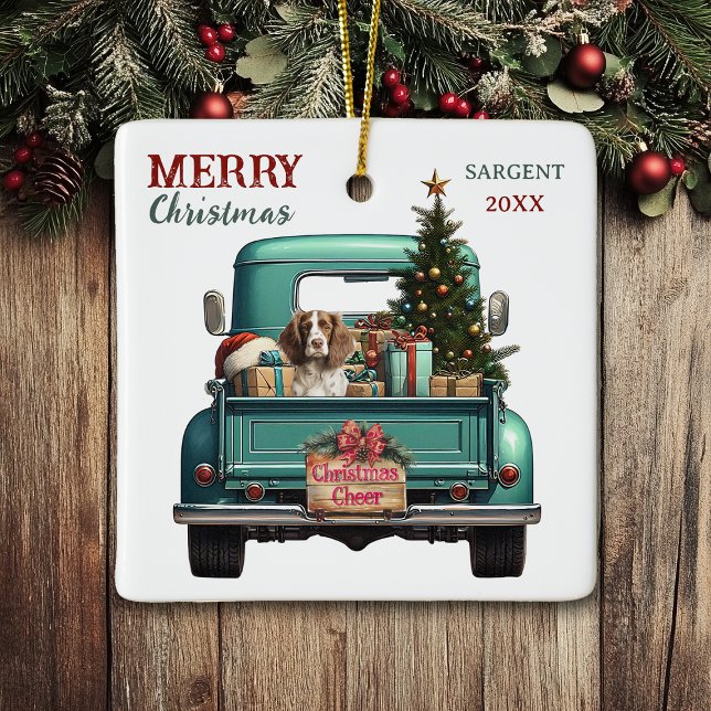 Springer Spaniel Dog Retro Truck Christmas Ceramic Ornament (Creator Uploaded)