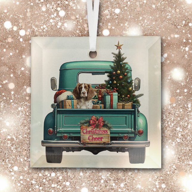 Springer Spaniel Dog Retro Truck Christmas Glass Ornament (Creator Uploaded)