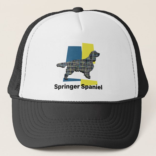Springer Spaniel Dog Silhouette Cute Tricolor Grid Trucker Hat (Front)