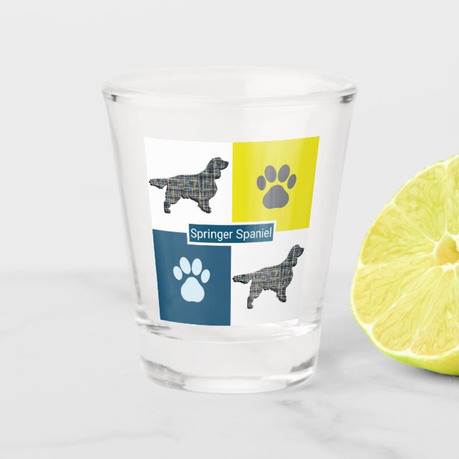 Springer Spaniel Dog Silhouette & Paw Y&B Grid Shot Glass (Front)