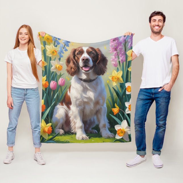Springer Spaniel Dog Spring Flowers Painting  Fleece Blanket (In Situ)