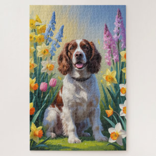 Springer Spaniel Dog Spring Flowers Painting Jigsaw Puzzle