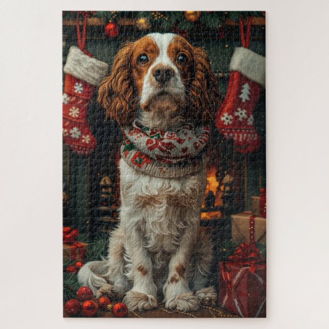 Springer Spaniel Dog With Christmas Gift Fireplace Jigsaw Puzzle (Vertical)